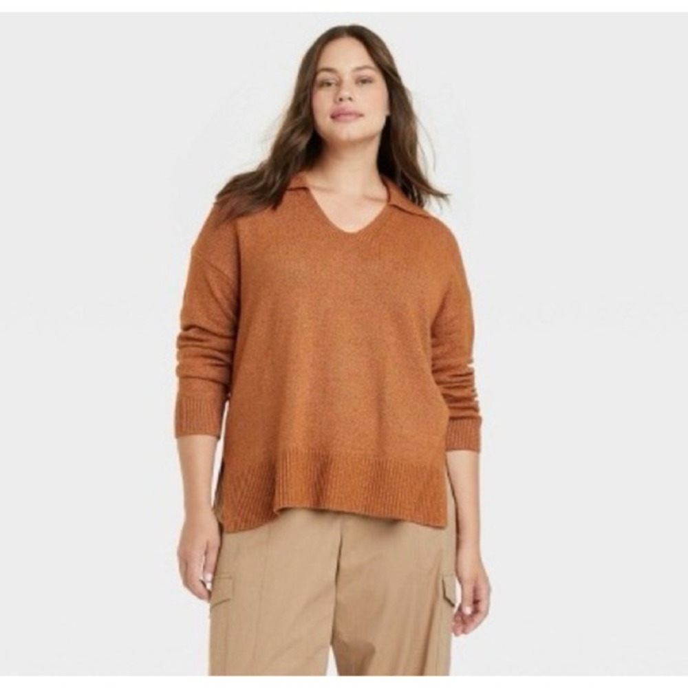 AVA & VIV Women's Oversized Collared Pullover Sweater Rust Orange Plus Size XXL